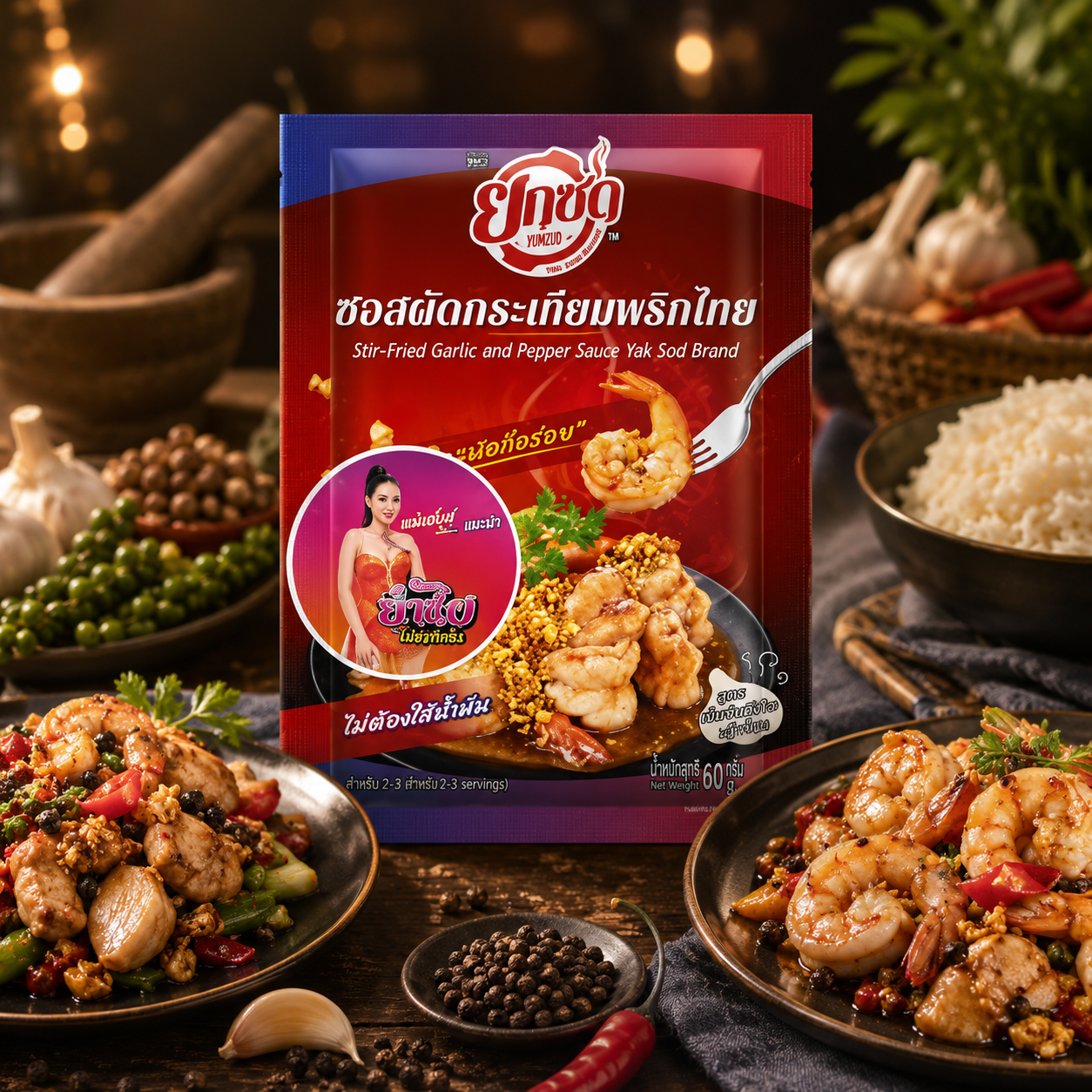Sauce packet with food preparation ingredients and dishes in the background