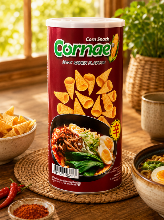 Corn snack can with 'Cornae' branding on a table with bowls of food