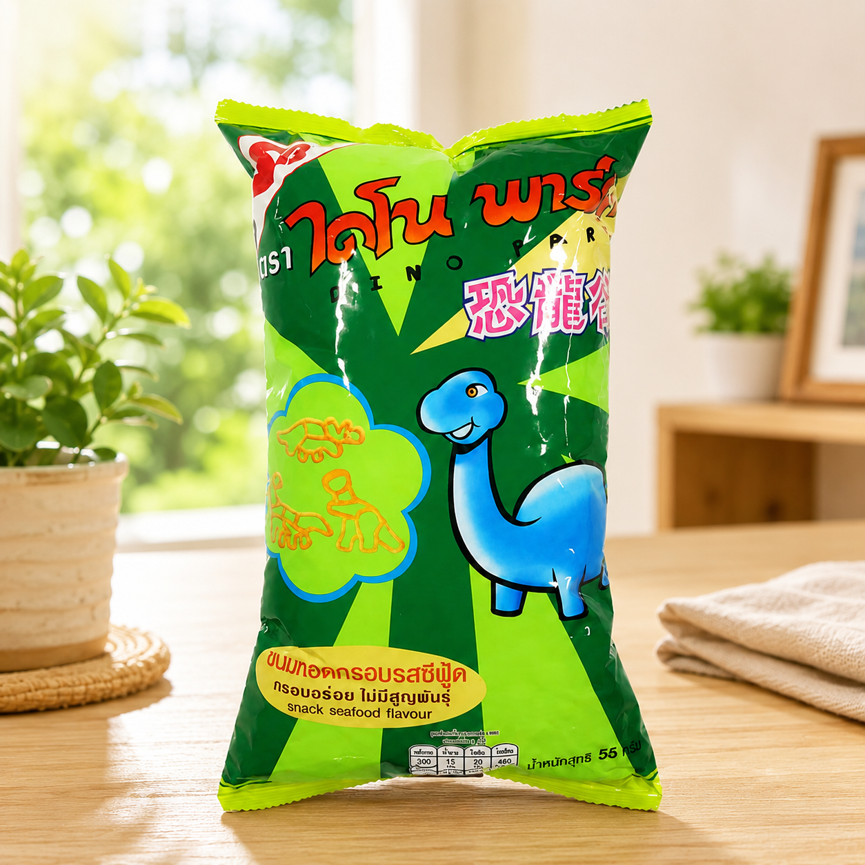 Green snack package with dinosaur illustration on a wooden surface