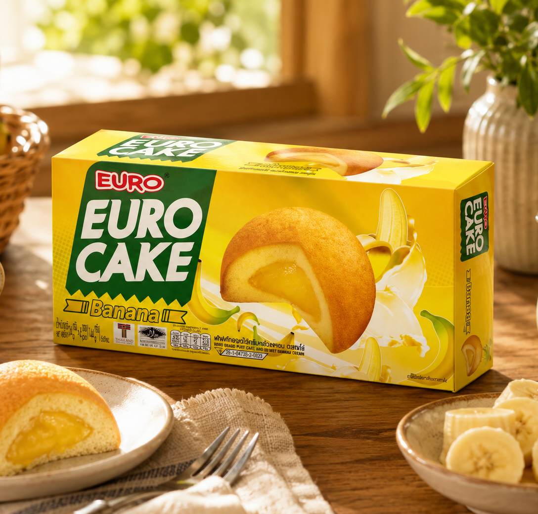 Box of Euro Cake with a banana flavor on a table with a cake, bananas, and coffee.