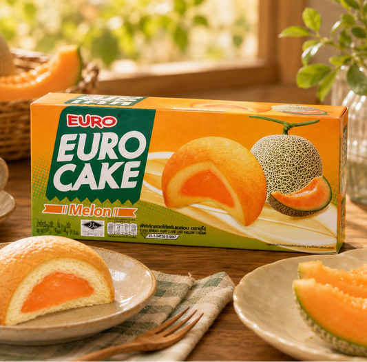 Euro Cake Melon package with a slice of cake on a plate, surrounded by melon pieces and a cup of coffee.