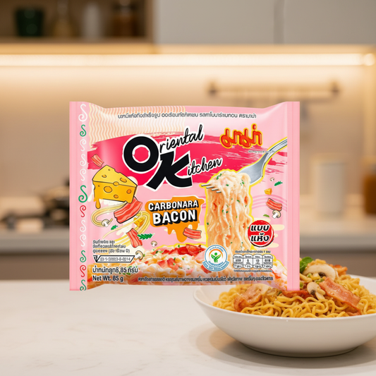 MAMA Oriental Kitchen Carbonara Bacon Instant Noodles 85g x 4 Pack - Lifestyle Kitchen Shot