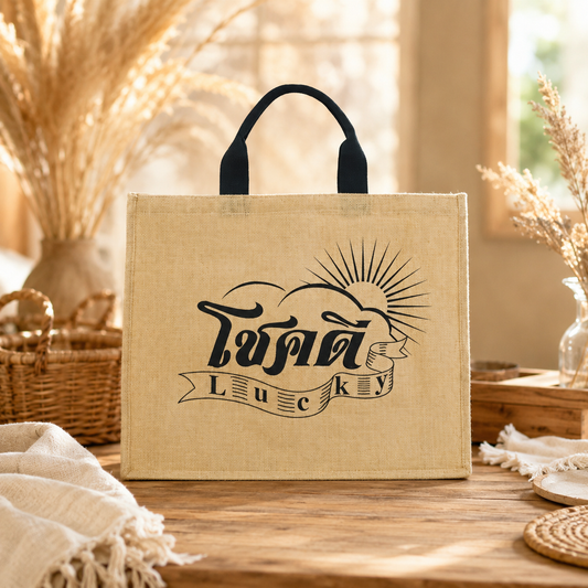 Beige tote bag with black text on a wooden surface with decorative elements