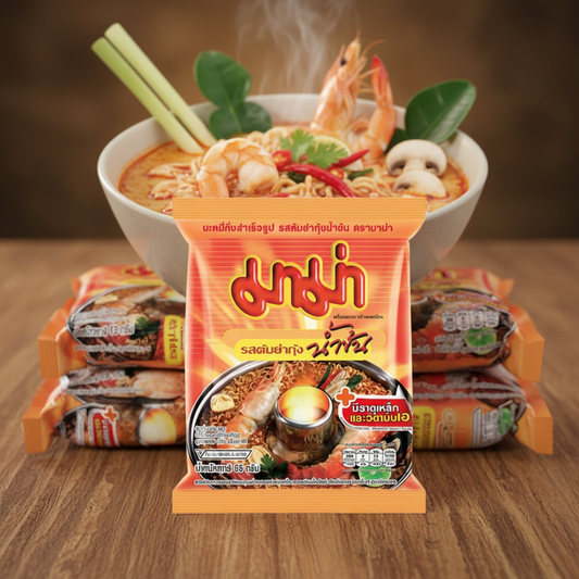 MAMA Creamy Shrimp Tom Yum 6 Pack - Hero with Background Packs