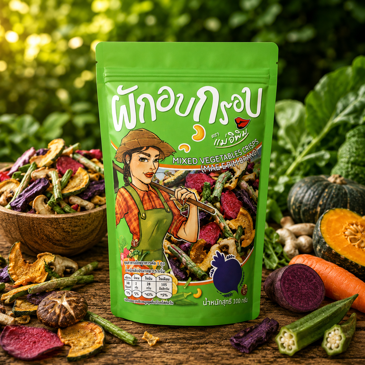 Green package of dried mixed vegetables with illustrations on a wooden surface and vegetable background
