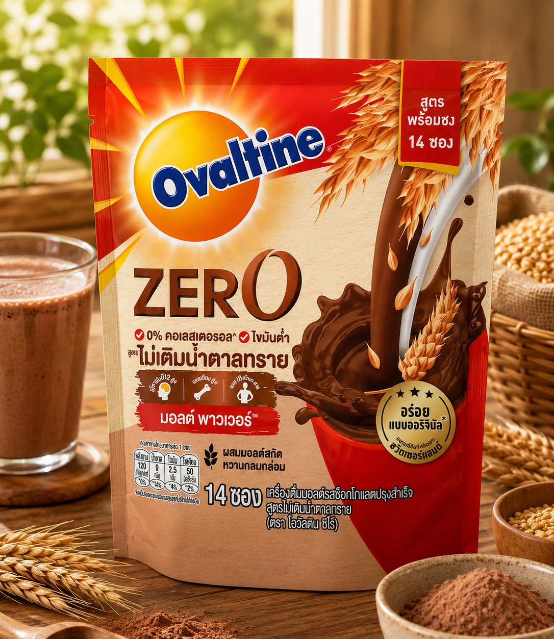 Ovaltine Zero packaging with a glass of chocolate drink and bowl of powder on a wooden surface.