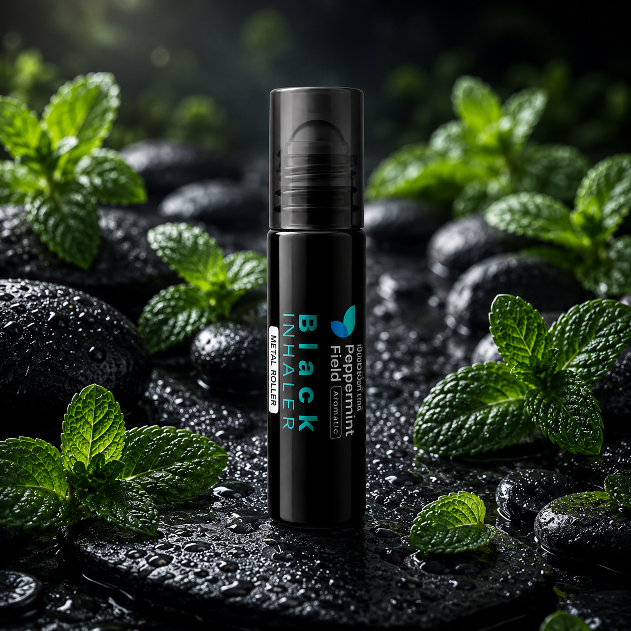 Black inhaler with green text on a dark surface with mint leaves