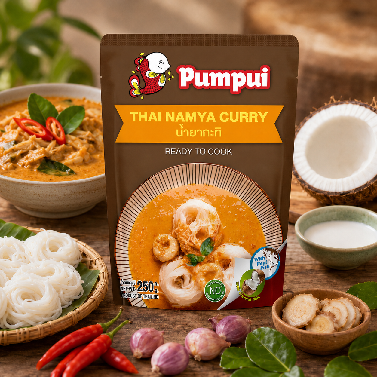 Pumpui Thai Namya Curry package with ingredients on a wooden table