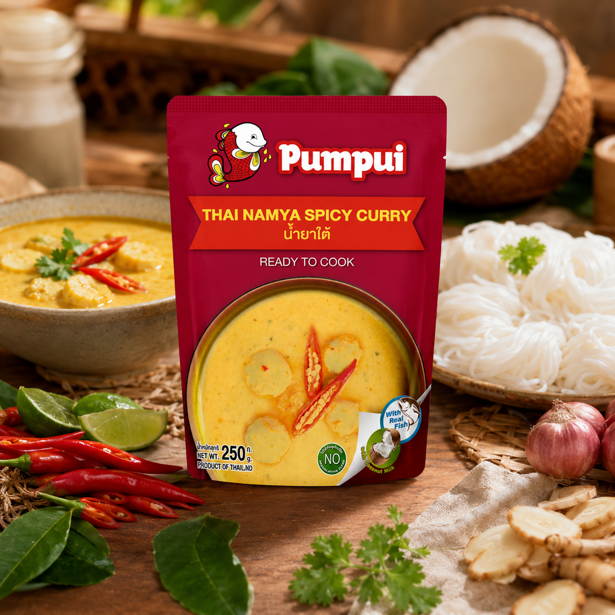 Pumpui Thai Namya Spicy Curry package with ingredients on a wooden table