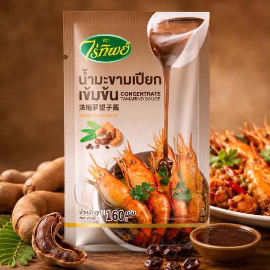 Tamarind sauce package with prawns and tamarind fruits on a wooden surface