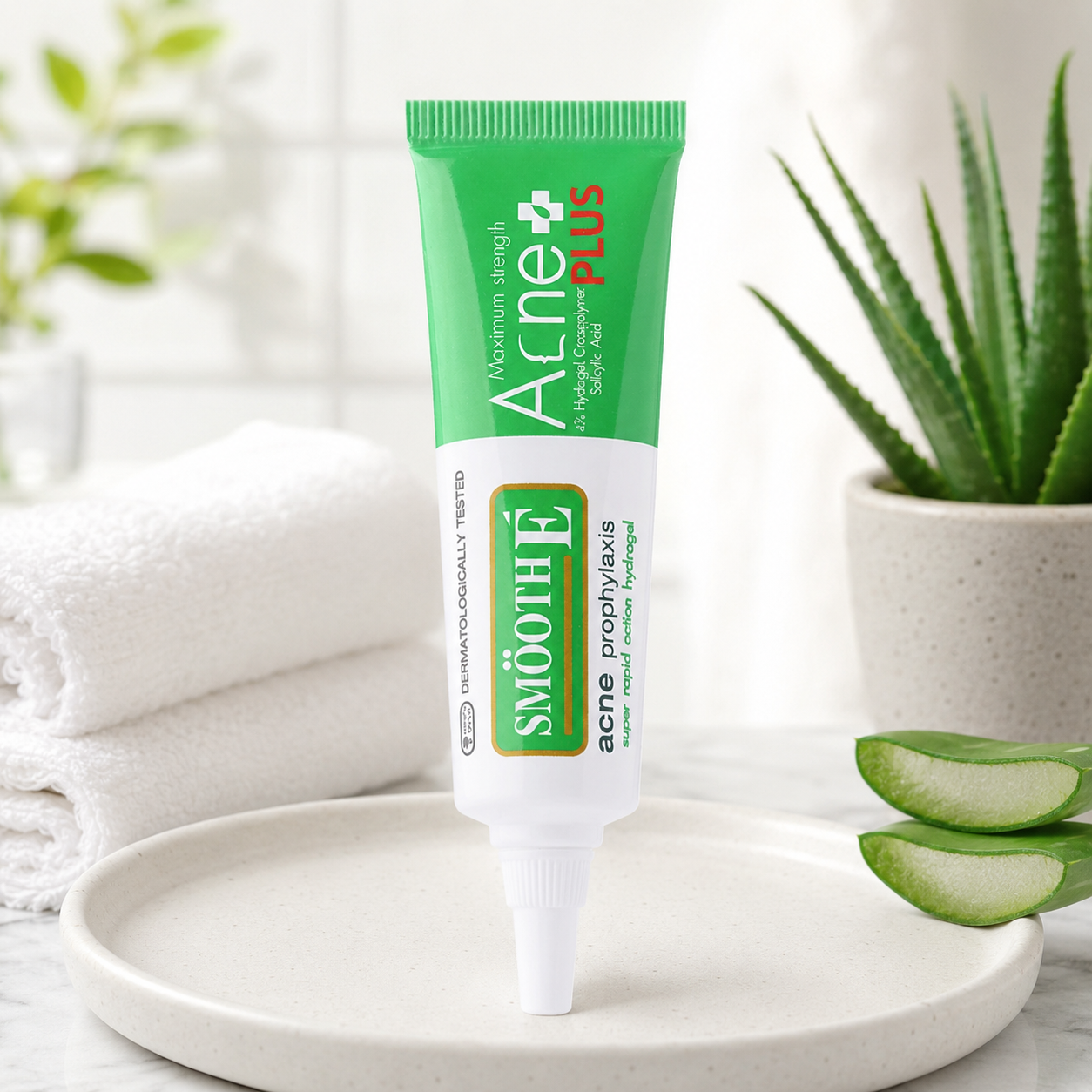 Tube of Smooth E Acne Plus cream on a white plate with aloe vera and towels in the background
