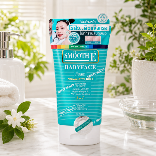 Tube of Smooth E Babyface Foam on a bathroom counter with plants in the background