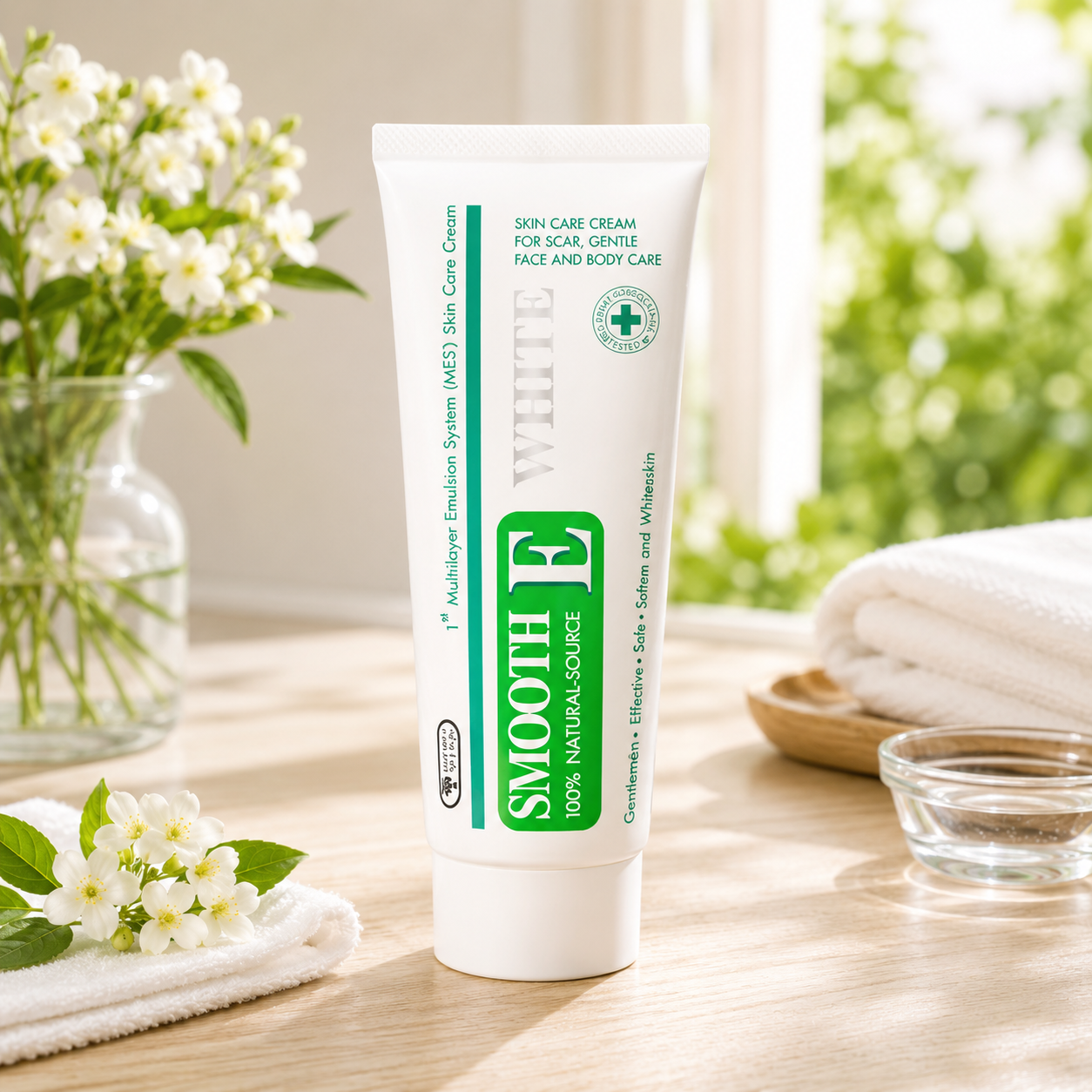 Tube of Smooth E cream on a wooden surface with flowers and towels in the background