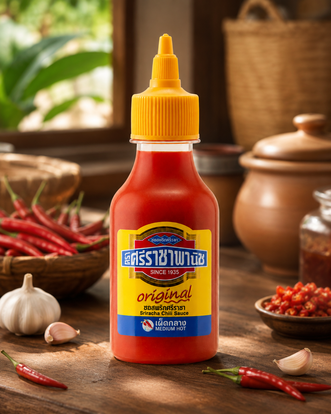 A bottle of Thai red chili paste (Hatar) with a yellow cap, set on a rustic wooden table surrounded by fresh red chilies, garlic, and clay pots in a warm, blurred kitchen background.
