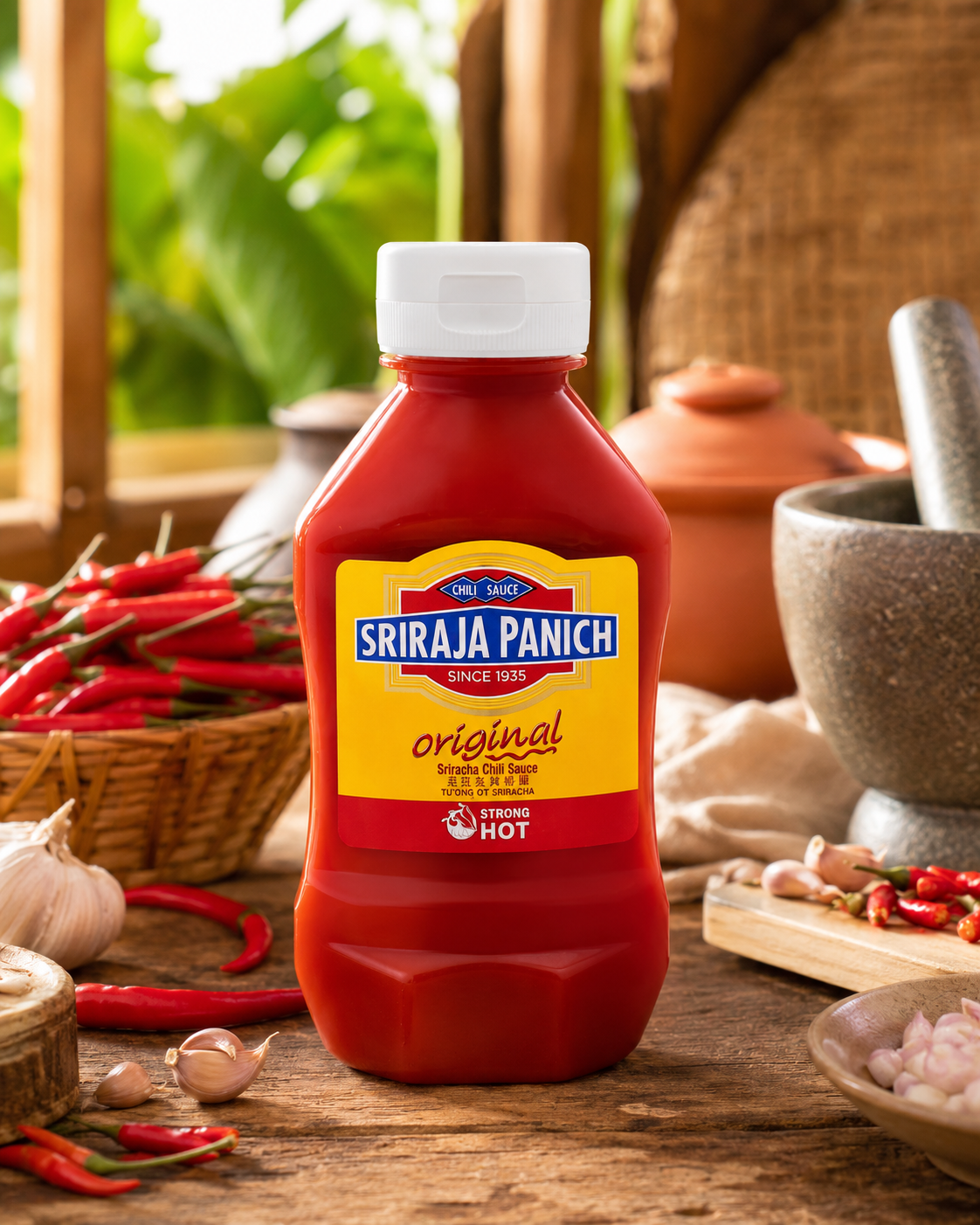 A bottle of Sriraja Panich Original Red Chili Sauce standing on a rustic wooden table, surrounded by fresh red chilies, garlic, and cooking ingredients in a warm, kitchen-like setting.