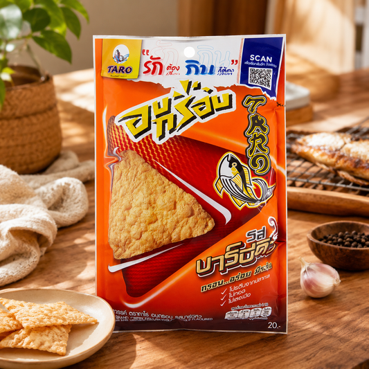 Taro brand snack package on a wooden table with snacks and a plant in the background