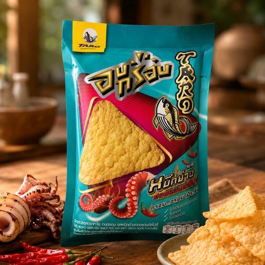Packaged chips with a blue label featuring an octopus design on a wooden table.