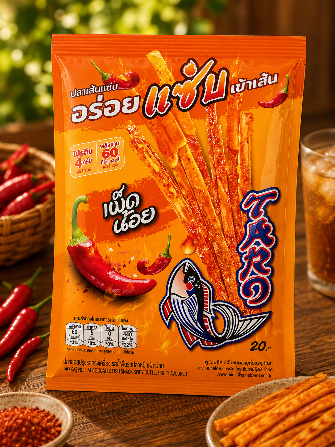 Packaging of spicy snack sticks with chili peppers and a glass of iced tea on a wooden table.