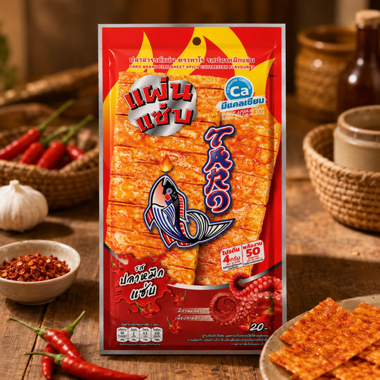 Red snack package with branding on a wooden table with ingredients