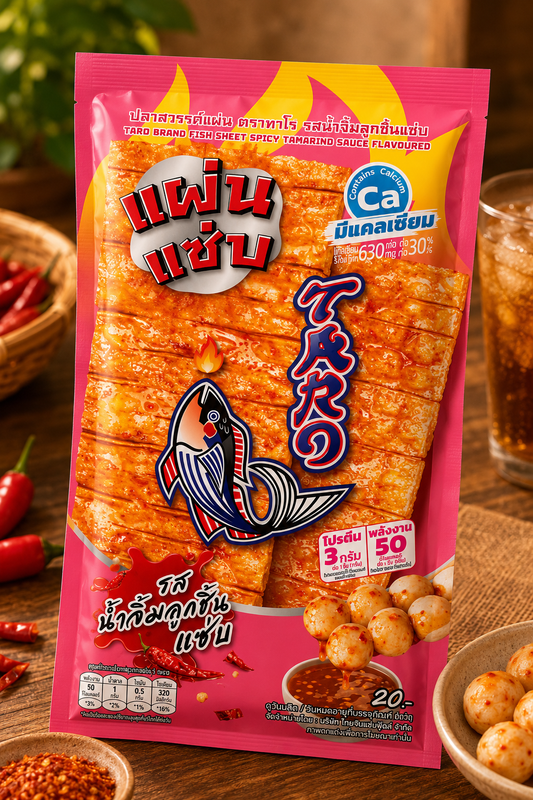 Packaged snack with red and yellow design on a wooden surface