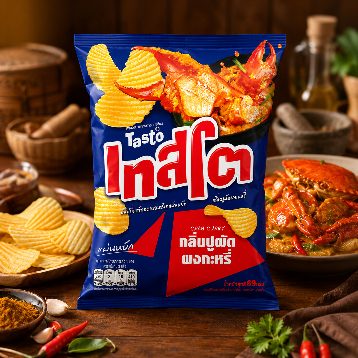 Tasto crab curry flavored chips packaging with a wooden table background