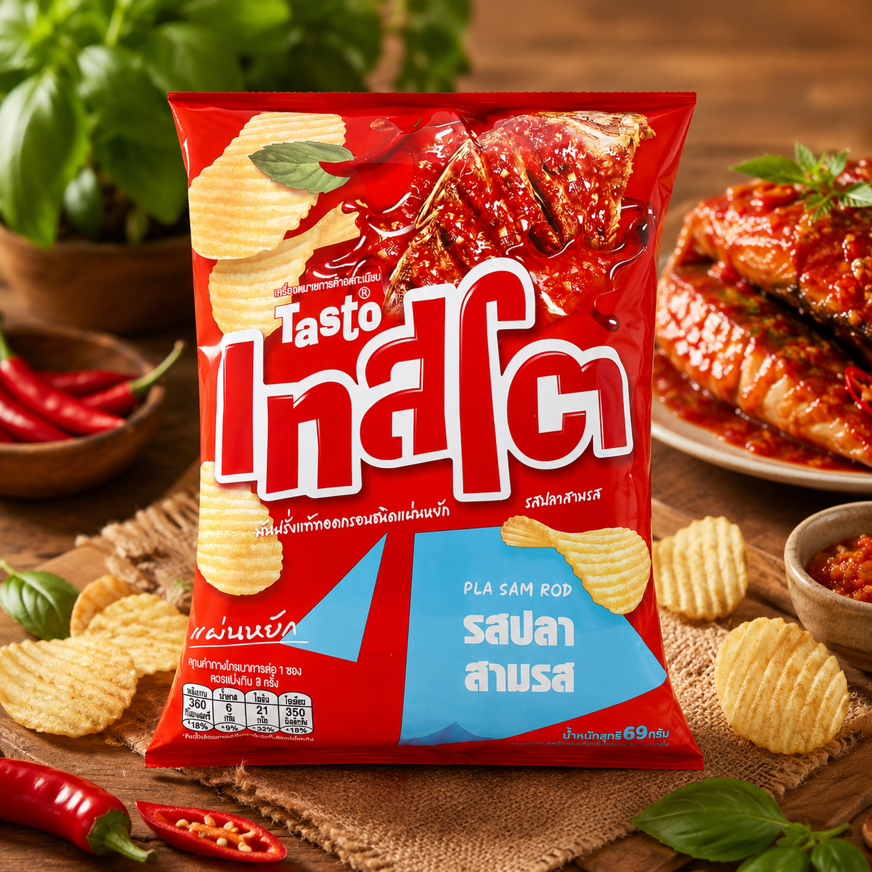Red Tasto chip bag with chips and ingredients on a wooden surface