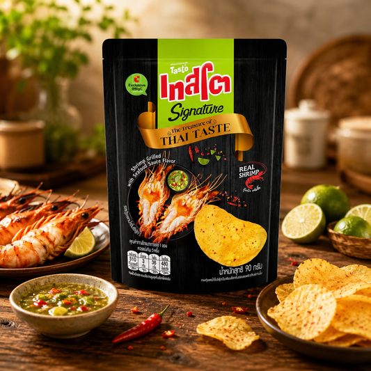Indomie Signature chips with shrimp and lime on a wooden table.