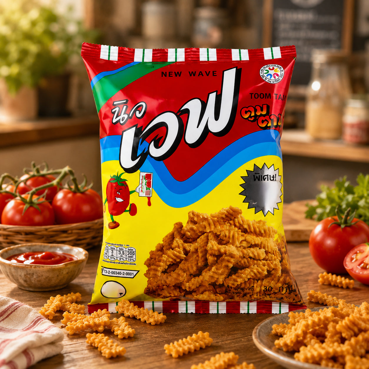 Packaged snack with colorful design on a wooden table with tomatoes and pasta.