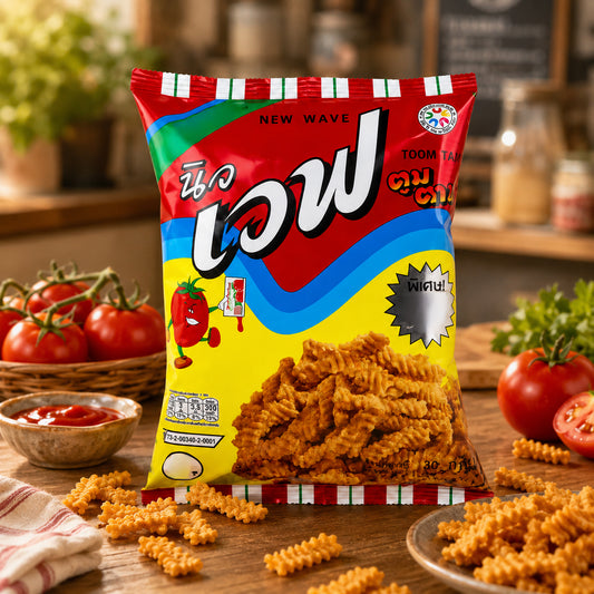 Packaged snack with colorful design on a wooden table with tomatoes and pasta.
