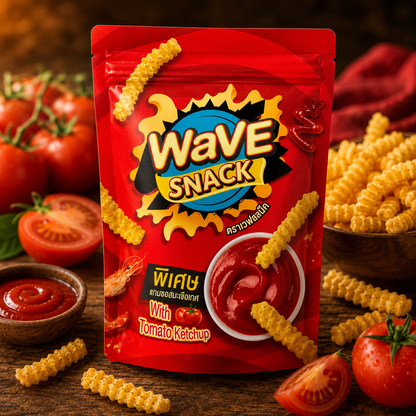 Wave Snack packet with tomato ketchup on a wooden background