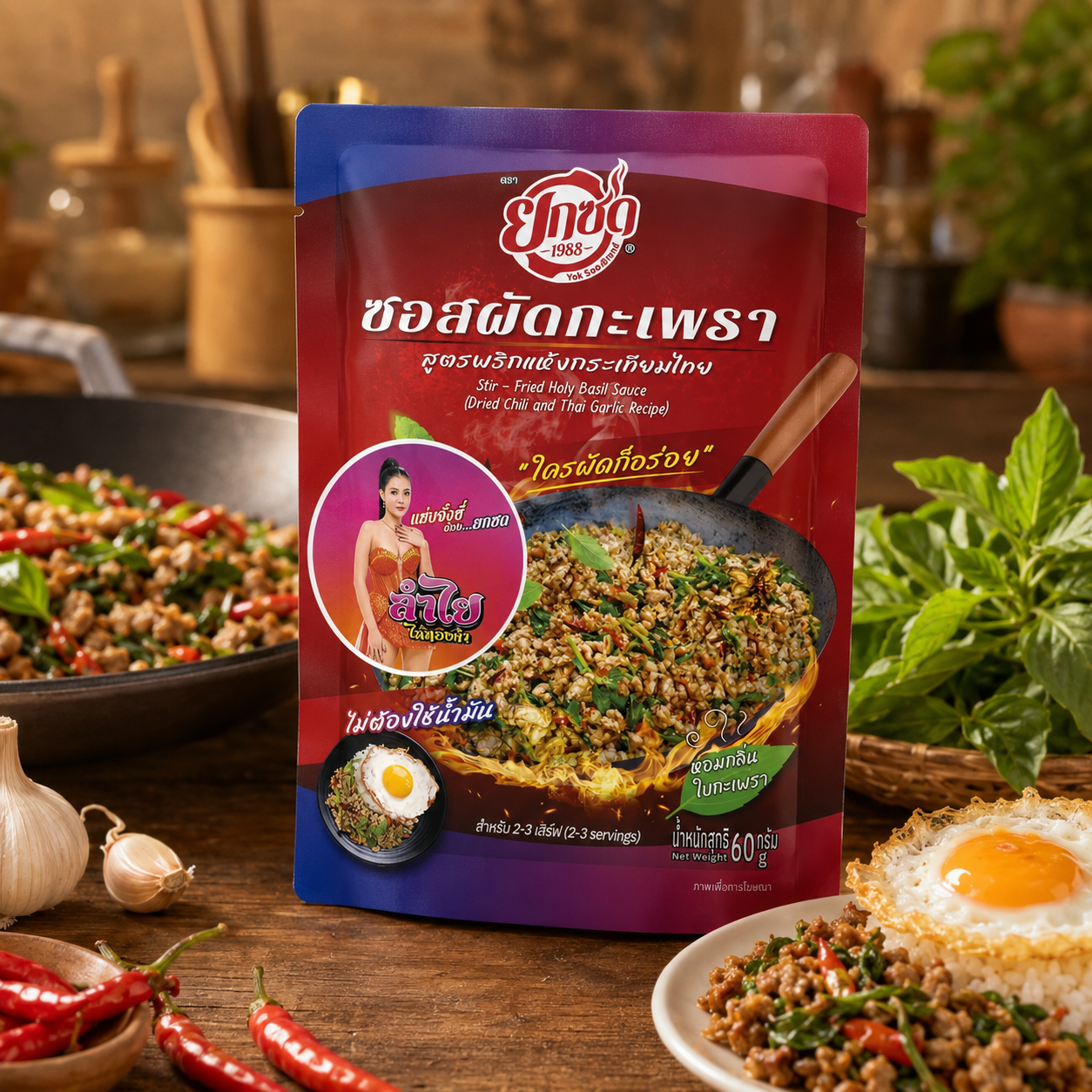 Sesame oil seasoning package with cooking ingredients on a wooden table
