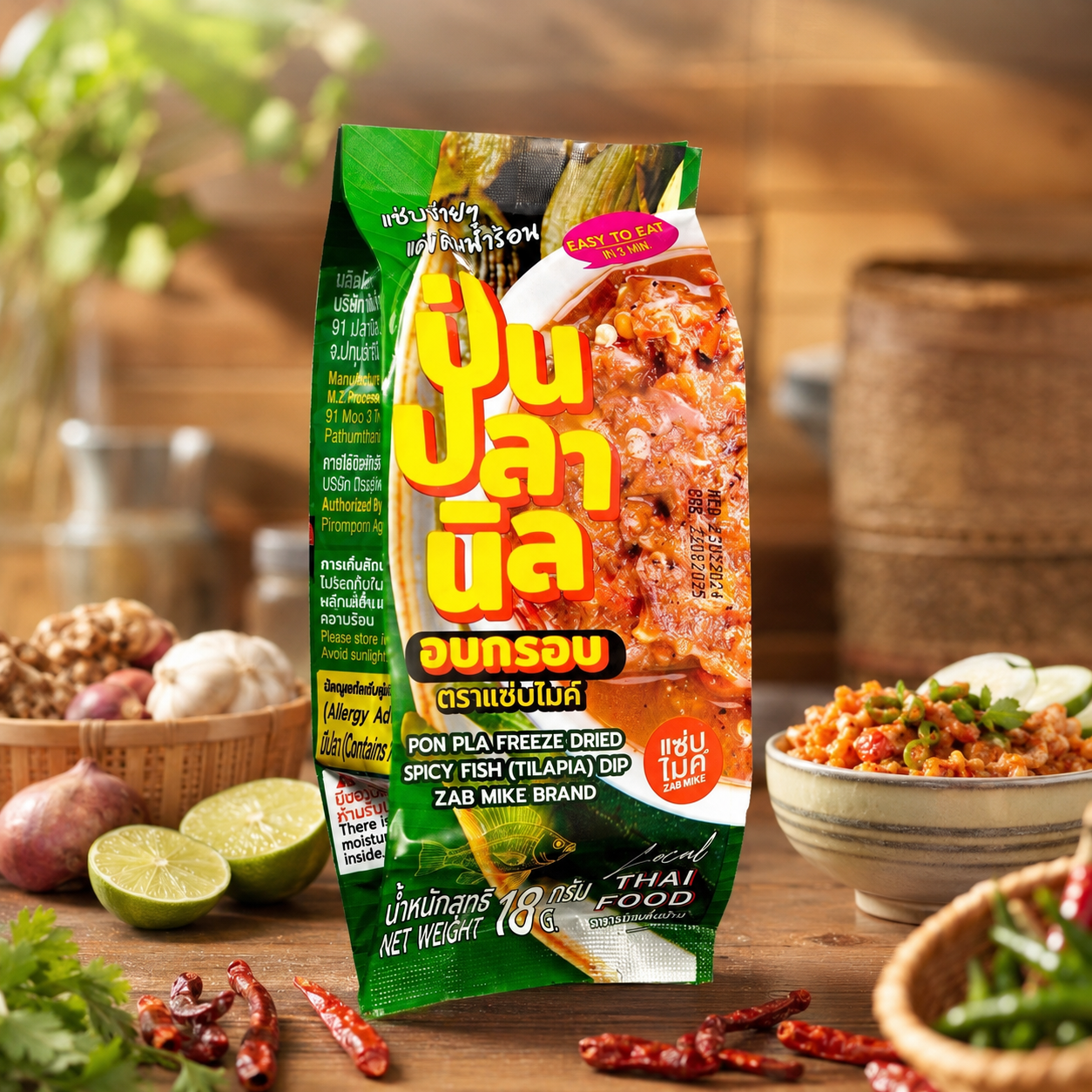 Pon Pala Nual spicy fish dip package on a wooden table with ingredients and a blurred background